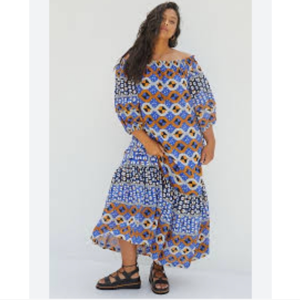 Anthropologie Abstract Flounce Off Shoulder Maxi Dress Sz XS multi